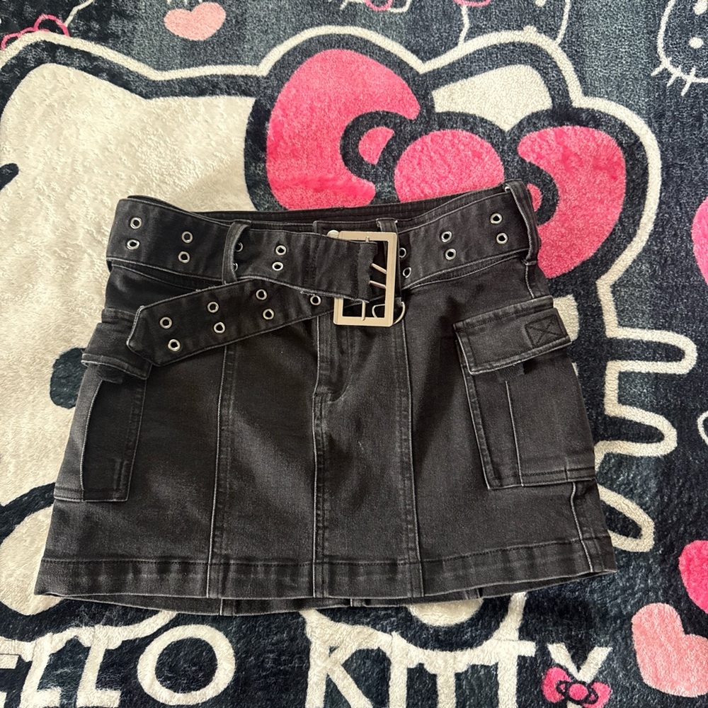 Black Cargo Mini Skirt with Grommet Belt